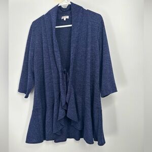Kiyonna Cardigan 0X Love Story Cardigan Top Open Front + Tie Waterfall Hem Blue